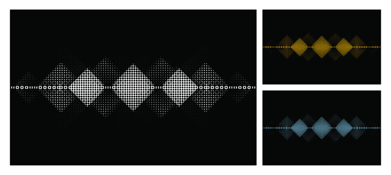 Abstract halftone diamond wave pattern on black background vector set.