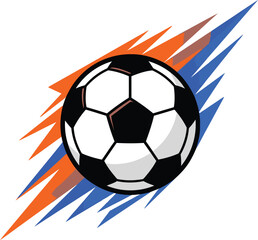 Fototapeta premium Dynamic soccer ball vector illustration featuring vibrant orange and blue brush stroke motion effects, ideal for athletic branding, sports logos, and competitive football tournament designs.