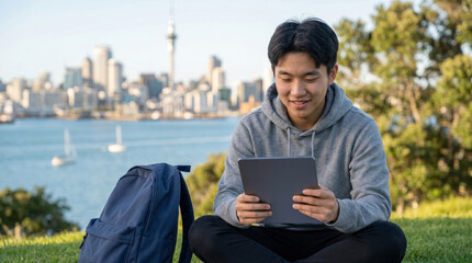 Fototapeta premium Smiling young Asian male student sitting on grass and reading on e-reader device with blurred Auckland city skyline, international education and study abroad program concept.