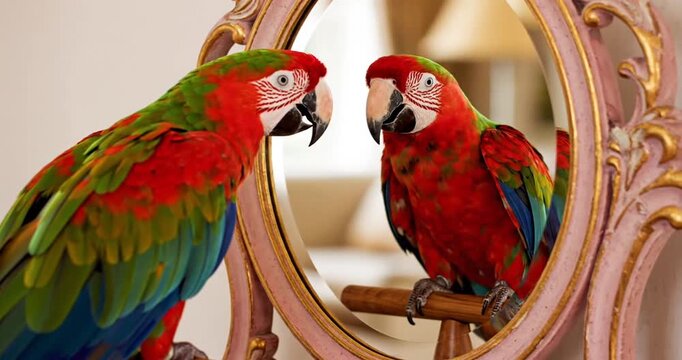 Two colorful parrots looking mirror reflection.