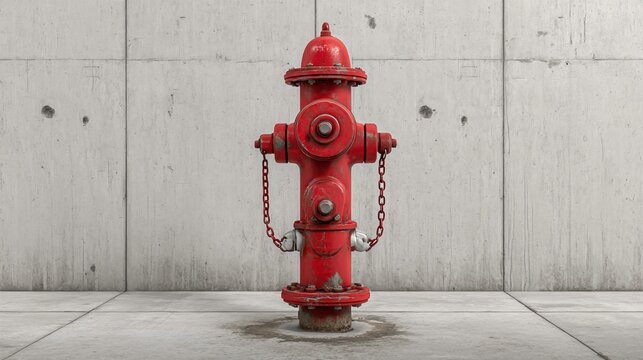 Red fire hydrant standing on urban sidewalk against concrete wall, emergency safety equipment