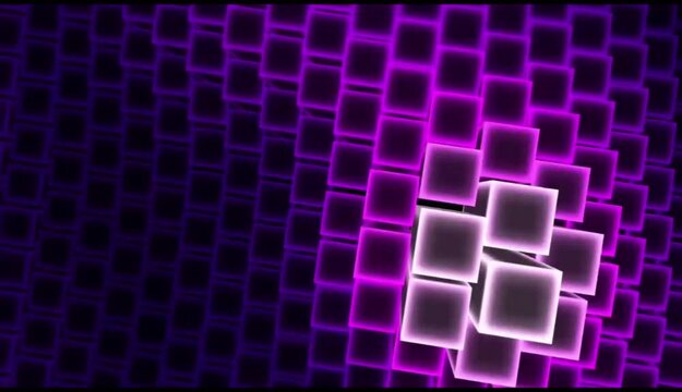 A stretch of dark purple and black geometric cubes form a dynamic wavy pattern. The main focus is on a group of cubes that stand out and move smoothly with a bright neon light effect