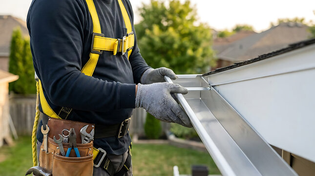 Professional roofer installing aluminum rain gutter on residential house roof wearing safety harness and tool belt