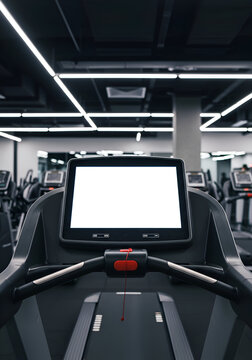 Empty treadmill display in a modern gym. Modern gym equipment with blank screen display in a spacious, dark fitness center.
