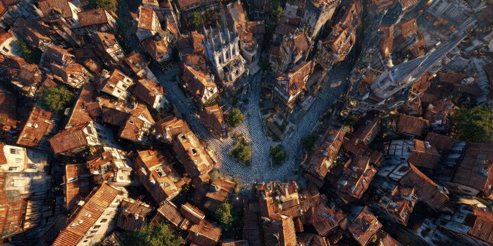 Aerial View of Ancient European Cityscape with Cobblestone Streets