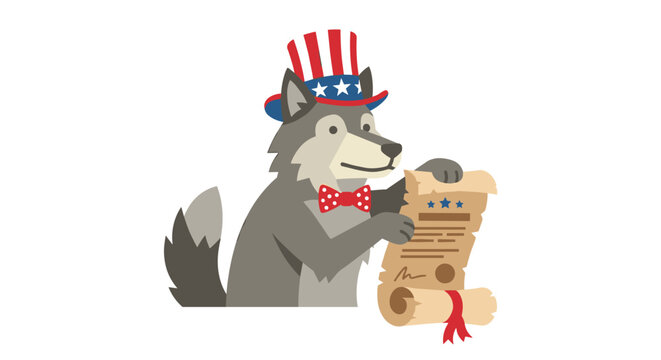 Cartoon wolf in Uncle Sam hat holding parchment scroll.