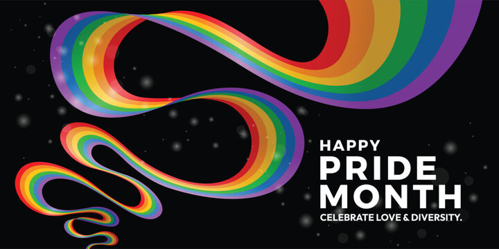 Happy pride month text and abstract long rainbow pride flag waving curve on black bokeh background vector design