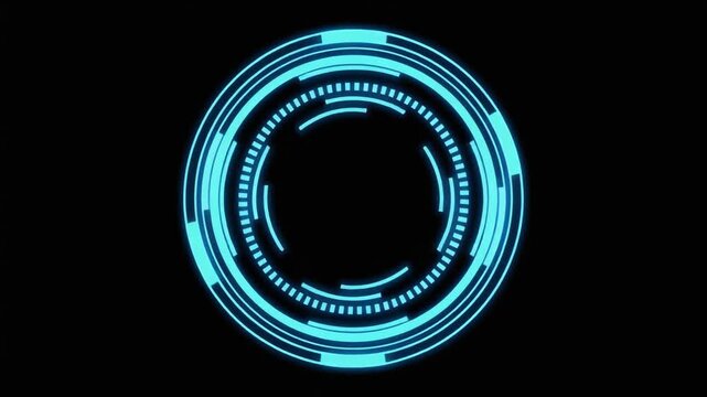 A seamless loop of a futuristic cyan neon blue HUD circular interface spinning and pulsing. Featuring technical schematics and data rings on a dark black background. Great for Sci-Fi projects