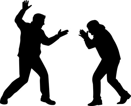 Black silhouette of two men in a heated argument and aggressive conflict with one person shouting and the other cowering in defense