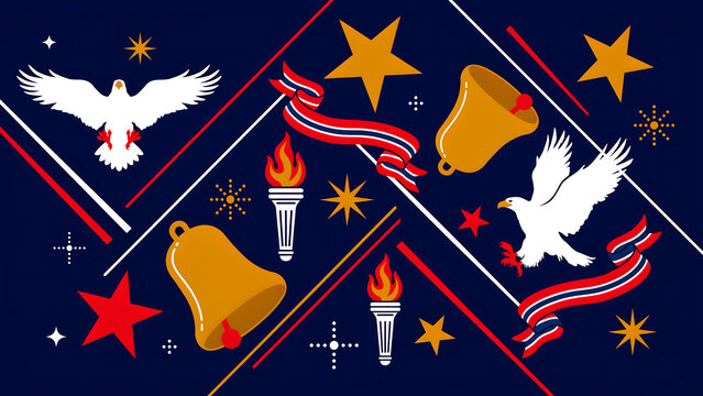 Patriotic independence day celebration background featuring eagles bells and torches in a flat graphic illustration style for festive holiday projects