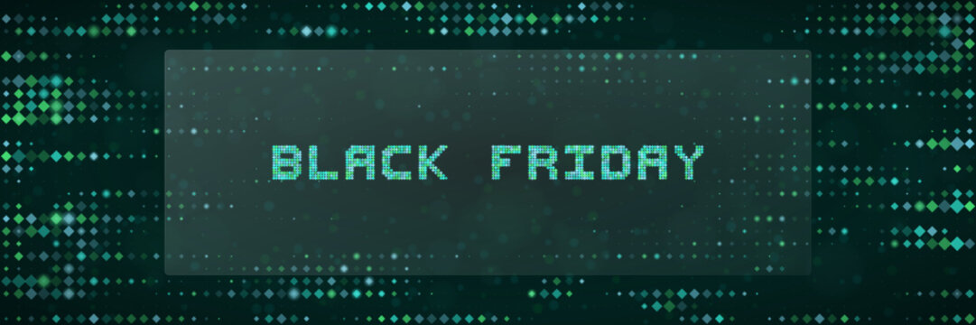 Digital Black Friday Sale Banner with Matrix Style Pixel Text and Glowing Abstract Cyber Data Particles Background