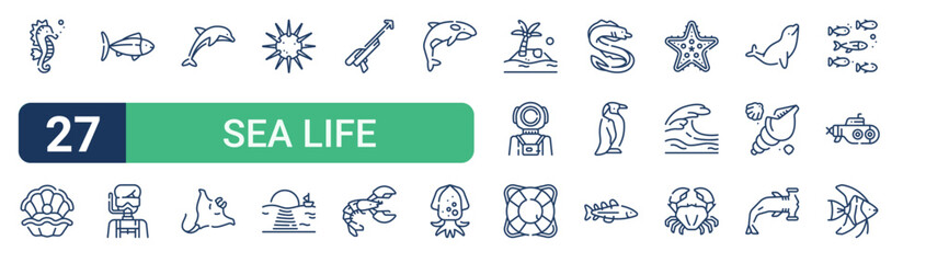 Set of 27 thin line Sea Life icons for app screens, websites and product dashboards. Outline vector pack featuring seahorse, oyster, tuna, diver, dolphin and manta ray. © Emma