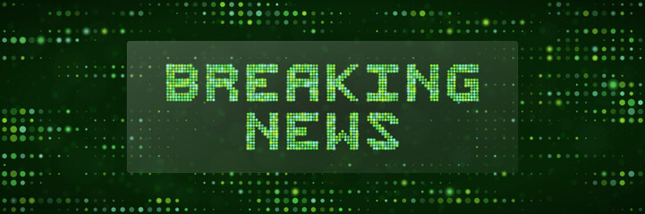 Fototapeta premium Breaking News Digital Graphic with Pixelated Green Dot Matrix Text for Broadcast Media and Journalism Templates