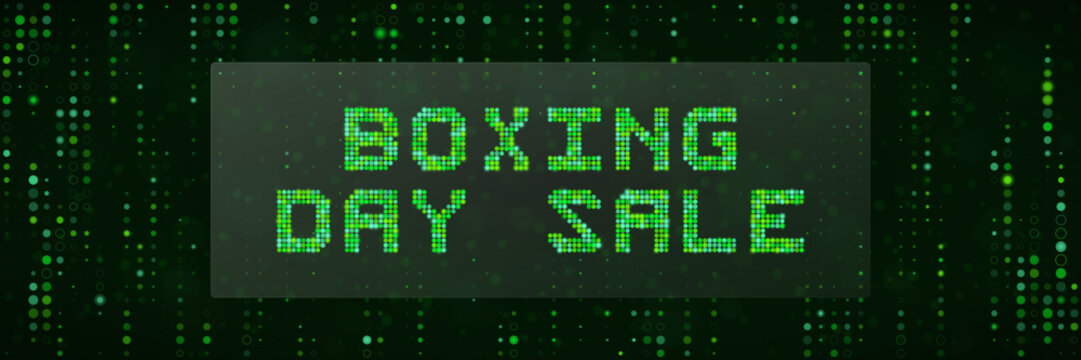Digital Boxing Day Sale Banner with Green Matrix Pixel Text for Tech Retail Promotions and Cyber Shopping Events