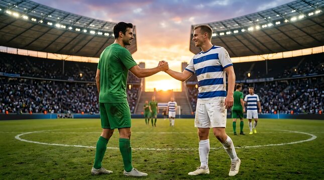 Two football players shaking hands on the pitch during a match in a stadium, showing sportsmanship after a game, celebrating the end of the match