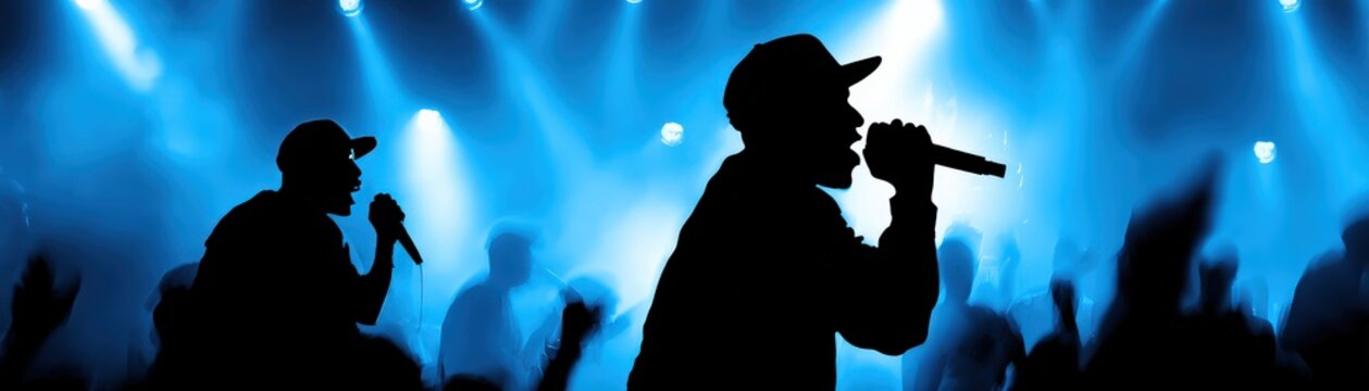 Silhouettes of two rappers performing on stage with a vibrant blue light show and an enthusiastic crowd in the foreground.