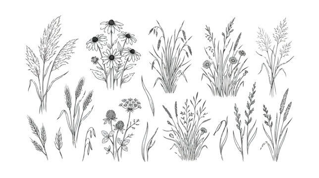 Vintage botanical line art collection of wild meadow flowers and grasses, hand drawn floral sketches, black ink vector elements for wedding stationery