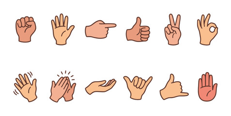 Fototapeta premium Various hand gesture icons in a flat cartoon style, showing different signs and communication on a white background