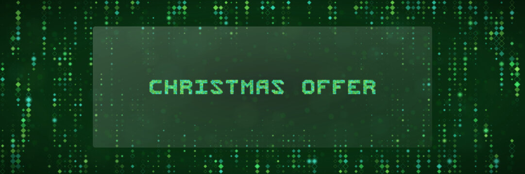 Digital Christmas Offer Banner with Matrix Style Green Pixelated Background for Tech Holiday Sales Promotions
