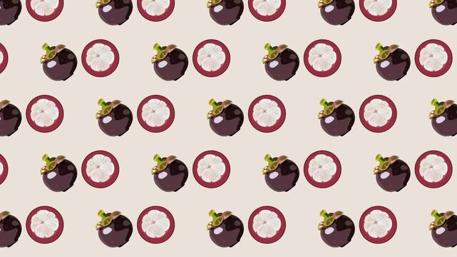 Mangosteen fruits seamless pattern, cut and whole exotic fruit stop motion animation on beige background
