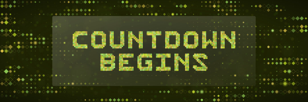 Digital Countdown Begins Text Graphic with Pixelated Green Matrix Style for Tech Event Launch and Gaming Intro