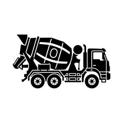 Fototapeta premium Black Silhouette of a Heavy Duty Concrete Mixer Truck and Construction Vehicle Cement Mixer as a Heavy Machinery Industrial Icon for Building Sites