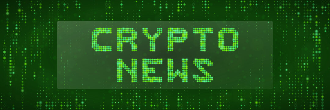 Digital Crypto News Headline Banner with Matrix Style Green Data Stream Background for Financial Technology Media