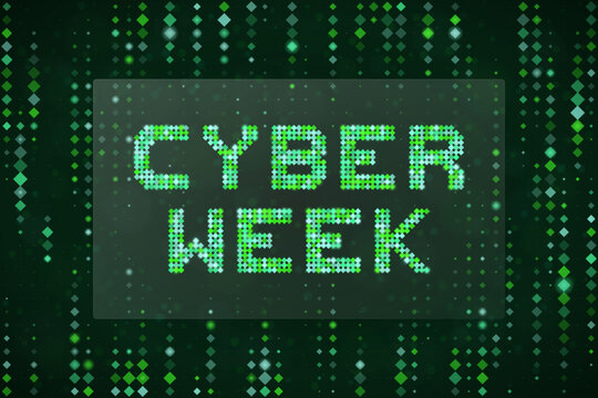 Cyber Week Digital Sale Banner with Matrix Style Green Pixelated Text Background for E-commerce Marketing Promotions