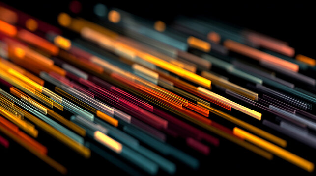 Bars of light in various warm and cool tones are arranged in a parallel pattern over a deep black background, suggesting organized digital structures or modern architectural data systems.