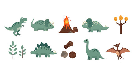 Cute prehistoric dinosaur set with volcano and natural elements © bima