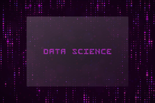 Data Science Digital Concept Background with Abstract Purple Pixelated Matrix Code and Glowing Vertical Light Streaks