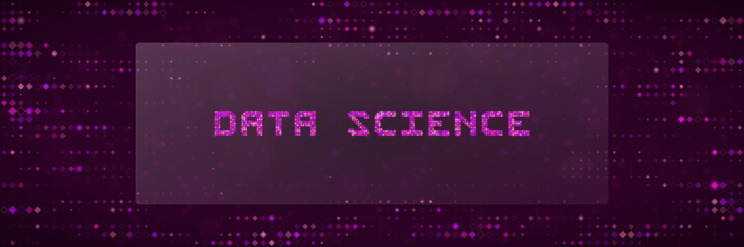 Data Science Digital Concept Background with Pixelated Text and Abstract Purple Technology Network Patterns