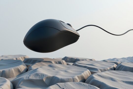 Black mouse hovers above rocky terrain