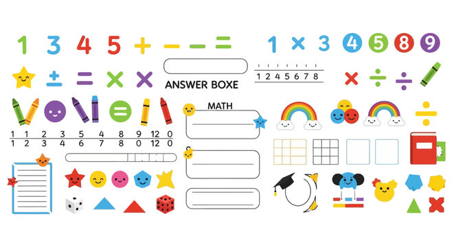 Colorful math educational elements and basic arithmetic symbols