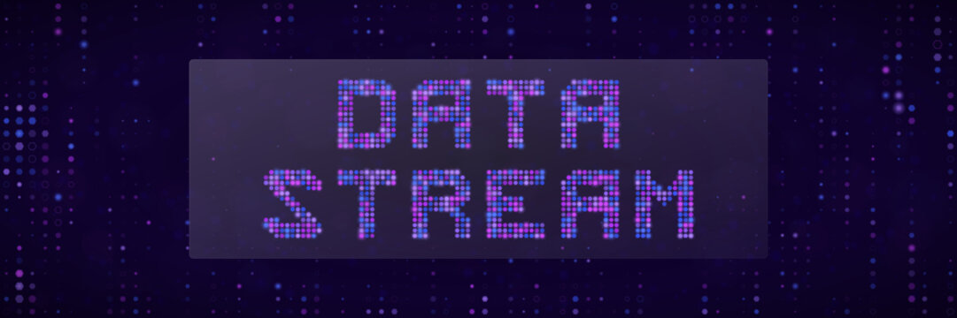 Data Stream Digital Text Concept with Pixelated Purple and Blue Glowing Dots for Technology and Information Backgrounds