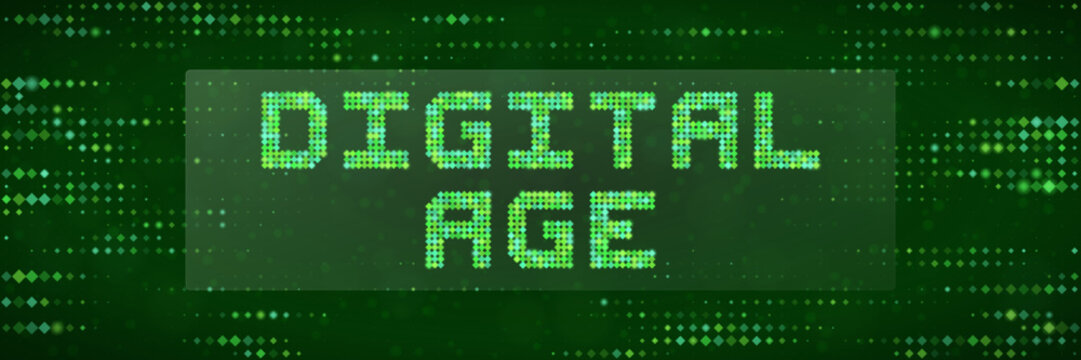 Digital Age Text Concept with Green Matrix Pixel Background for Cybersecurity and Data Privacy Technology Themes