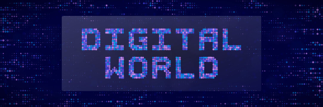 Digital World Text Concept with Pixelated Dot Matrix Design for Technology Backgrounds and Futuristic Web Graphics