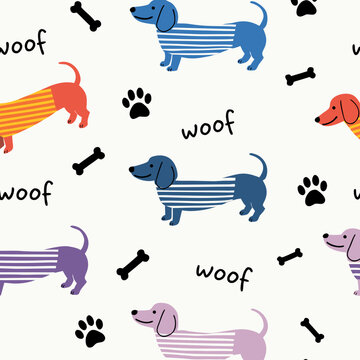 Cute colorful dachshund dog seamless pattern with bones