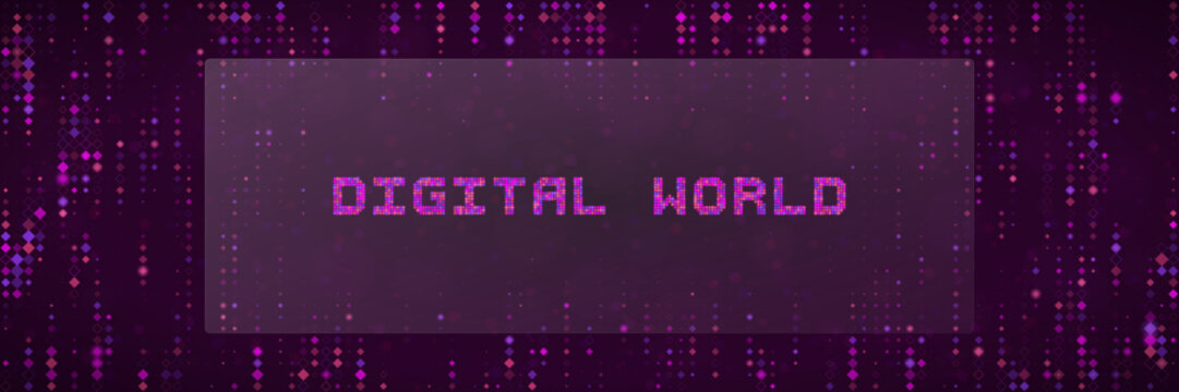 Digital World Text Banner with Purple Pixelated Background for Technology Concepts and Cyber Security Presentations