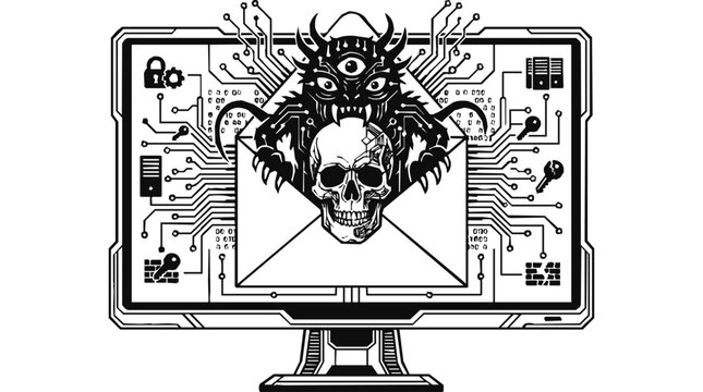 dark digital illustration of a monitor screen showing a dangerous demon with a skull and envelope representing cyber security threats and hacking