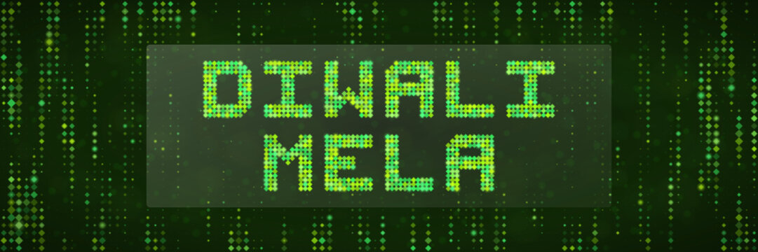 Diwali Mela Digital Text Sign with Matrix Style Green Code Background for Tech Themed Indian Festival Graphics