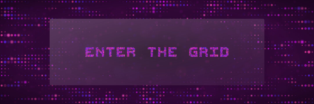 Enter The Grid Digital Concept Background with Pixelated Text and Cyberpunk Purple Data Network Visualization