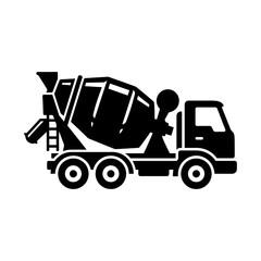 Fototapeta premium Black concrete mixer truck construction icon silhouette isolated on white background, ideal for industrial building and cement transport design.