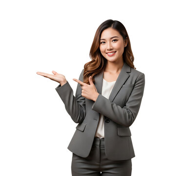 Professional asian businesswoman pointing to empty space isolated on transparent background