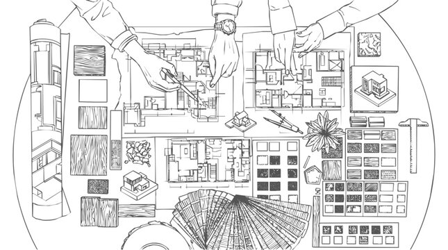Architectural blueprint and floor plan being worked on by an interior designer planning a professional residential home renovation project