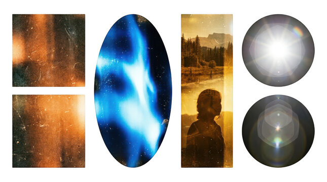 Versatile graphic design elements bundle featuring vintage film grain textures abstract light leaks authentic lens flare effects and nostalgic sepia photo overlays transparent background