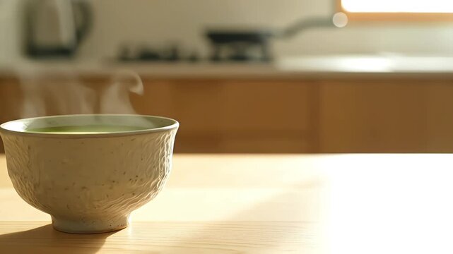 Steaming hot matcha green tea in rustic ceramic bowl on wooden table with blurred minimalist Japandi kitchen background