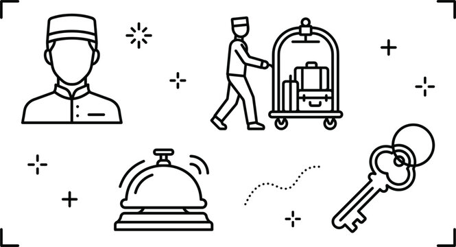 Hotel Bellhop Service and Reception Desk Icon Set for Hospitality and Tourism Industry