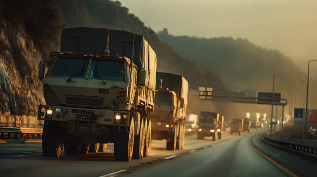 Military convoy of armored trucks driving on a highway at sunset for heavy duty transport and logistics