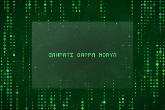 Digital Ganpati Bappa Morya Text Design with Green Matrix Code Background for Religious Festival Greetings